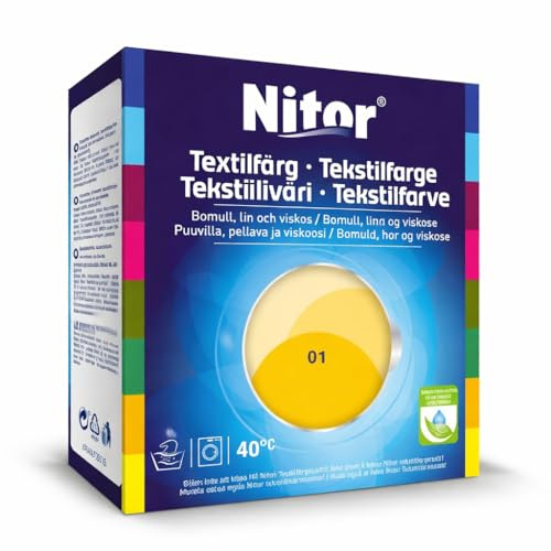 Nitor Textilfärg Solros 01 – Tvättäkta Färg för Bomull, Lin och Viskos, 75 ml Färg + 100 g Fixeringspulver – För Färgning i 30–6 °C – Räcker till 400 g Tyg