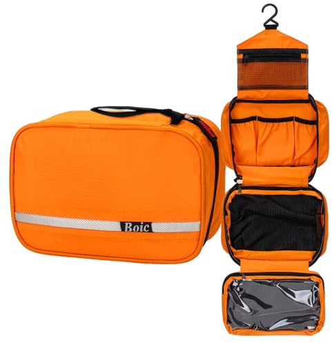 Boic Sac De Toilette Suspendu Étanche, Trousse De Toilette Voyage, Orange,L | Trousse De Maquillage Pliable Grande Sac Rangement De Voyage Vec 4 Compartiments pour Homme Et Femmes