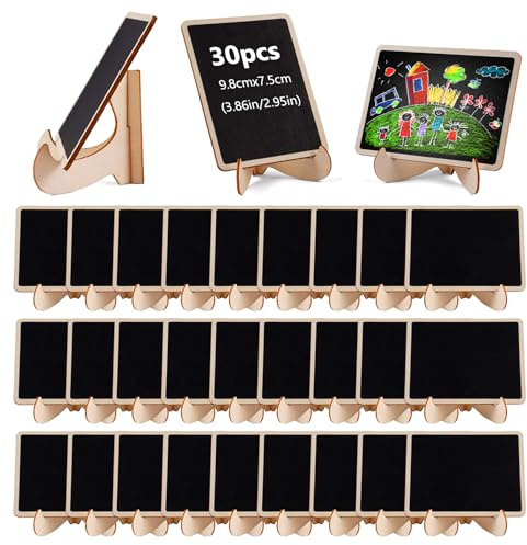 30 Pièces Mini Tableaux Noirs Sur Chevalets en Bois, 9,8×7,5cm Mini Ardoise Bois avec Support, éTiquette avec Support Buffet, Petits Tableau pour Tarif pour Ristoranti, Bar, Panetterie, Scuole