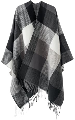 Sjalwraps för Damer, Mjuk Öppen Front Poncho Cape Kofta, Överdimensionerad Halsdukströja för Kväll, Bröllop, Fest, Resa (Grå Svart Vit)