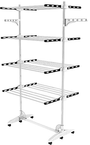 Todeco Wäscheständer Turm Klappbar, Wäscheturm 4 Ebenen aus Edelstahlrohre, Turmtrockner mit 6X Rollen, Flügel, Mobiler Turmwäscheständer für Balkon Wohnzimmer Wäscheraum Badezimmer, Schwarz