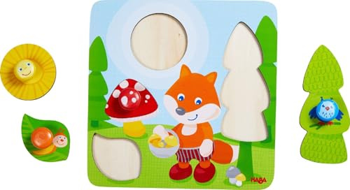 HABA 305204 - Greifpuzzle Fuchs, 4-teiliges Holzpuzzle mit Motiv-Holzknöpfen zum Greifen, Holzspielzeug ab 12 Monaten zur Förderung der Feinmotorik und Formzuordnung