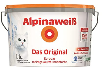 Alpinaweiß Das Original – optimal deckende und ergiebige weiße Wandfarbe – mit Spritz-Schutz-Formel – 4 Liter