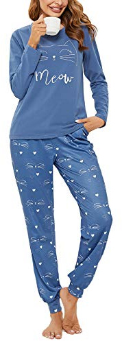 Sykooria Pyjama Femme Hiver Coton Vêtements de Nuit à Manches Longues Col Rond 2 Pièces Doux et Confortable S-XXL
