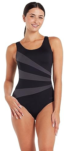 Zoggs Sandon Scoopback Bañador de Mujer – Bañador Reductor Vientre Plano, Copas de Espuma Fijas, Corte de Pierna Medio – Negro, Tejido Eco – Talla M, 91 cm de Pecho