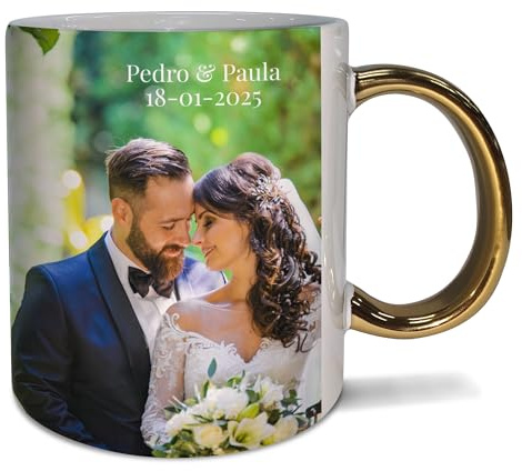 Tazas originales para regalar. Taza personalizada con foto y texto. Regalos originales para hombre. Regalo abuela. Tazas de cafe. Tazas bonitas. Cerámica 330ml. Taza con asa dorada