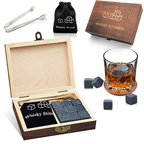 MAKHISTORY Whiskey-Steine Geschenkset – 9 Granit kühlende Whiskey Rocks – Samt-Aufbewahrungstasche und Edelstahlzange in Holz-Geschenkbox für Männer/Ihn/Väter/Freund