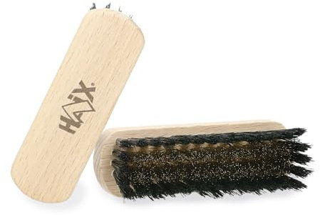 HAIX Brosses en cuir velours: Nettoyage et entretien de vos chaussures en cuir velours avec la brosse en laiton HAIX. Unité unique, jaune, bois et laiton