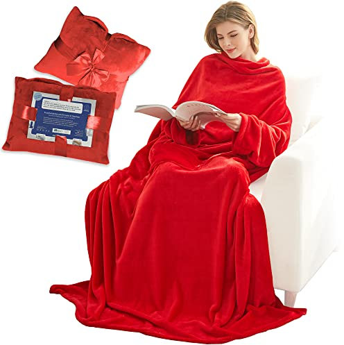 Lucadeau Coperta coccola con maniche, regalo per donna 30° 40° 50° 60° compleanno regalo per fidanzata mamma sorella casa patio campeggio viaggi 150 x 200 cm (Rosso)