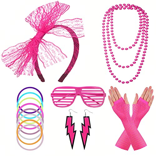 FACATH 80-tals neonhalsband, armband, fisknätshandskar, spets, rosett, pannband, neonörhängen, 1980-tal, maskeradtillbehör, grön festdräkt för kvinnor, flickor, damer (rosenröd)