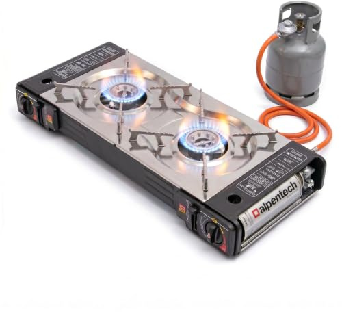 TruWare Camping Gaskocher 2-flammig, für Kartuschen und große Gasflaschen | mit Reduzierkreuz, integrierte Piezozündung - Doppelgaskocher