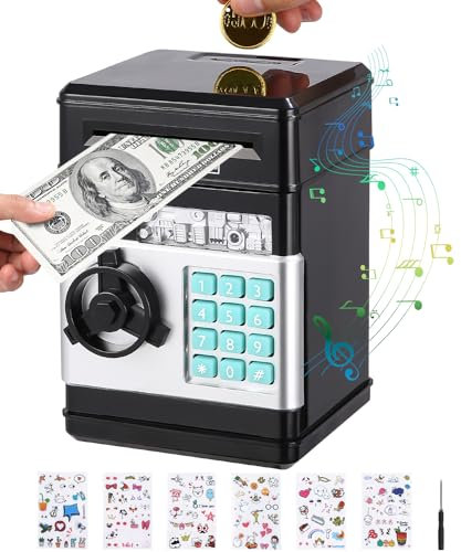 Birshe Huchas Electronicas con Contraseña, Cajero Automatico Digital, ATM, Caja de Monedas, Juguete Divertido, Regalos Originales para Niños, Negro