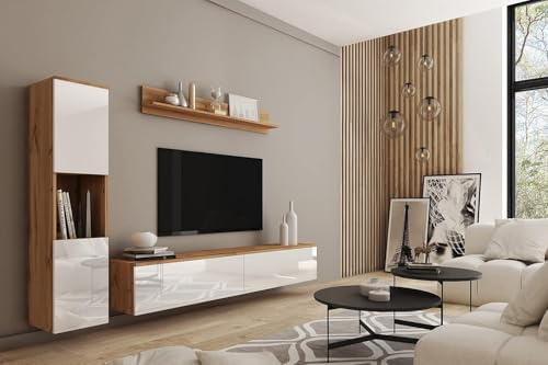 MINIO go for it - Wohnwand Parma 3-Teilig Set Hängend oder Stehend | Highboard, Lowboard, Wandboard, Laminierte Spannplatte, Farbe: Wotan Eiche / Weiß Hochglanz