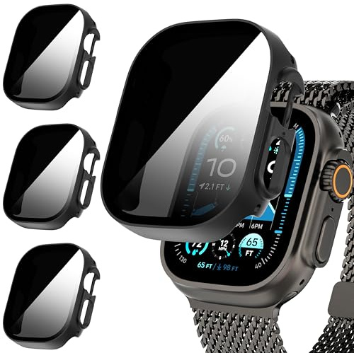 Diruite 3-Stück Hülle für Apple Watch Ultra 3/2/1 49mm Schutzhülle Anti Spy,Hard PC Rundum Ultradünne Schutz Case Privatsphäre Glas Displayschutz,Schwarz*3,49mm