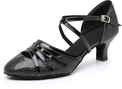 Rosefinch Damen Latein Salsa Tanzschuhe Geschlossene Zehe Mode Tango Cha-Cha Ballroom Performence Tanzen Schuhe Schwarz 5cm Absatz 41 EU
