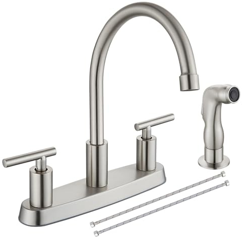Cinwiny Kitchen Faucets, High Arc 360°Rotating Spout Kitchen Sink Faucet, 2 Handle 8 Inch Centerset RV Kitchen Faucet with Supply Lines, 3 or 4 Hole Kitchen Faucet with Side Sprayer, Brushed Nickel