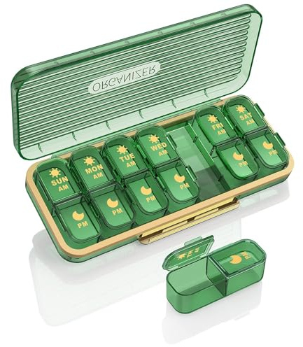 ROWNYEON Tablettenbox 7 Tage Morgens Mittags Abends,Tragbare Pillendose 7 Tage Medikamentenbox 7 Tage 2 fächer große Pillenbox für Medikamente, Vitamine, Fischöl, Nahrungsergänzungsmittel (Grün)