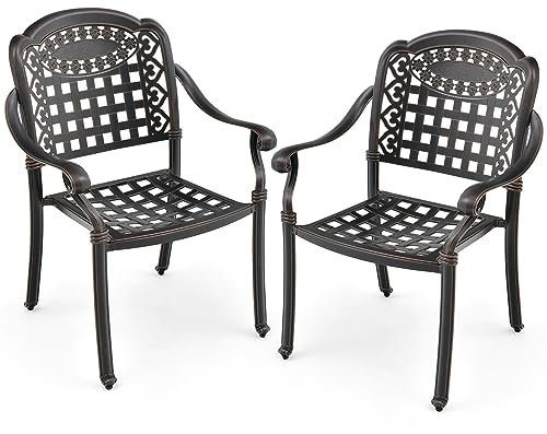 COSTWAY Lot de 2 Chaises de Jardin en Fonte d’Aluminium, Chaises de Biatro avec Accoudoirs, Chaise Salon de Jardin Empilable, pour Terrasse, Balcon, Cour(Bronze, en Damier)