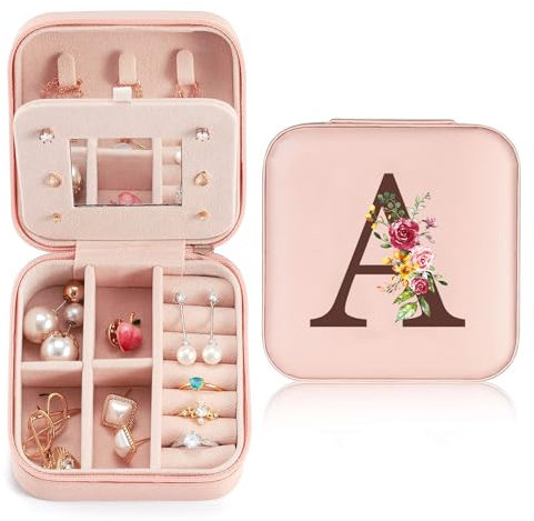 Sinekong Estuche Joyero Pequeño con Inicial A, Portátil Jewelry Organizer, Joyero Organizador de Viaje de Cuero PU, Pequeño para Regalo Niña, Madre, Cumpleaños Rosa