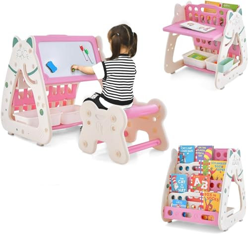 DREAMADE 3-in-1 Kinder Staffelei mit Hocker, doppelseitige magnetische Zeichentafel mit Bücherregal, 2 Boxen & 4 bunten Markern, verstellbare Maltafel mit Sitz, für Kinder 1-5 Jahre (Rosa + Weiß)