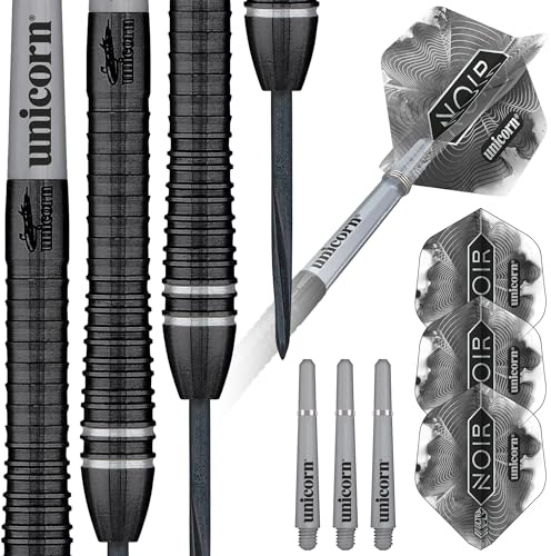 Unicorn Steel Tip Darts Set | Gary 'The Flying Scotsman' Anderson Noir Phase 3, 5 & 6 | 90% Tungsten Barrels with Black Titanium Coating | Presentation Packaging | 21g, 22g, 23g, 24g, 25g or 27g