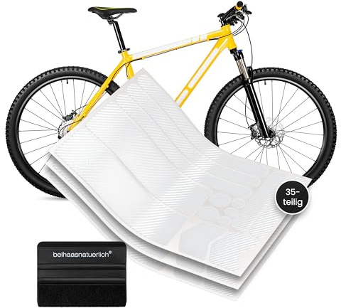 beihaasnatuerlich 35-teiliges Fahrrad Rahmenschutzfolie Set(0,15 mm Dick) Stark Selbstklebende Lack & Kratzschutzfolie für Mountainbikes, E-Bikes, Trekking & Rennräder, inkl. Rakel(Carbon transparent)