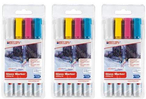 Edding 3 Stück Marker für Glas 95, 4 Stück, sortiert, klar, 1,5 – 3 mm