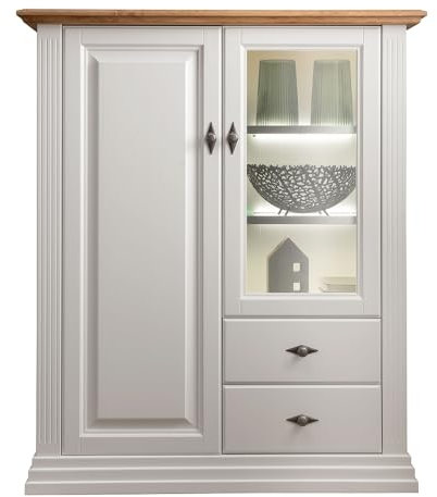 Lomadox Highboard Vitrinenschrank inkl. Beleuchtung, Kiefer weiß mit Eiche, Massivholz, montiert
