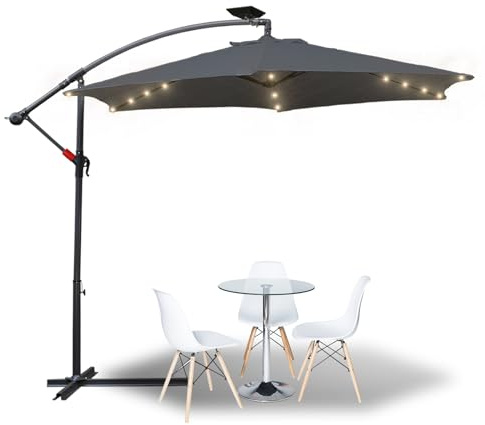 Eulenke Sonnenschirm LED Solar 350 cm, Ampelschirm mit Ständer und Kurbel, 8 Stahlverstrebungen, Neigungswinkel und Höhe verstellbar, Wasserabweisend und UV-Schutz Gartenschirm, Anthrazit