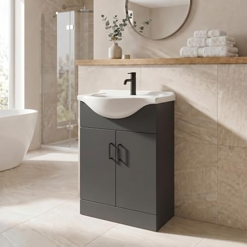 Affine® 650mm Vanity Unit Basin Sink Bathroom Storage Cabinet Cupboard Freestanding, Single Tap Hole Ceramic Wash Basins, Soft Close Door, Matt Black