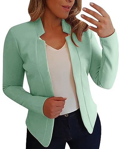 Blazer jacka dam kort kostym jacka dam elegant öppen front jacka business kontor sommarjackor eleganta övergångsjackor lätt tunn solid fritidsoverall långa ärmar kofta jacka, Minegrön, S