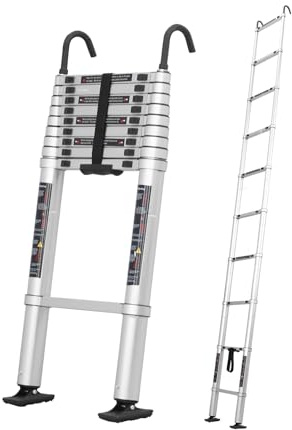 JADDUO Aul Teleskopleiter 5.0 m Belastung 150kg Aluminium-Klappleiter mit Haken Leichte Ausziehleite mit Stabilisatorr Alu-Klappleiter, Mehrzweckleiter, Stehleiter, Haushaltsleiter