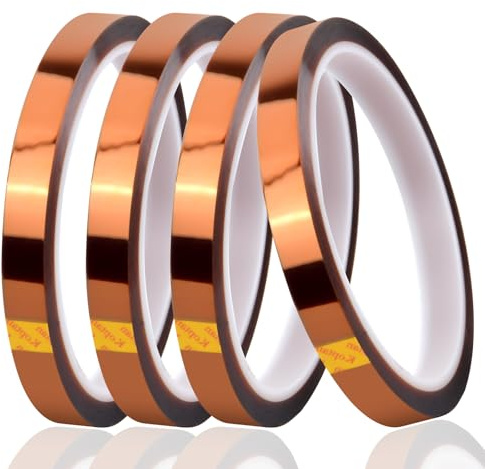 Kaslaider 4 Rollos 10mm x 30m Alta Temperatura Cintas Resistentes al Calor, Marrón Kapton Tape Cinta Aislante, Cinta Adhesiva de Poliimida para Sublimacion Soldar Placa de Circuito Aislantes