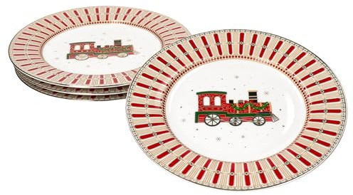 MamboCat Polar Train Lot de 4 assiettes à gâteau, diamètre : 19,2 cm, en porcelaine, avec décor de Noël rouge et doré, pour 4 personnes, service pour salade, dessert, etc