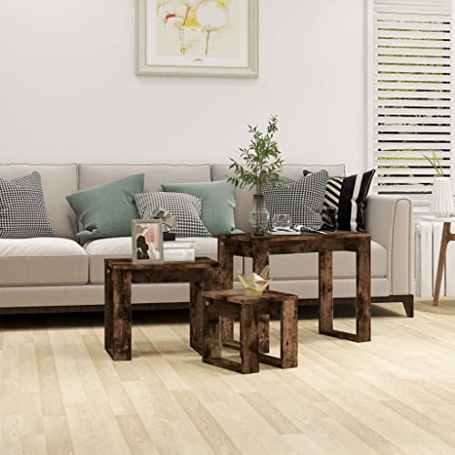 Myheimly Satztische 3 STK. Couchtisch Beistelltisch Wohnzimmertisch Sofatisch Kaffeetisch Teetisch Tisch Nachttisch Wohnzimmer Räuchereiche Holzwerkstoff