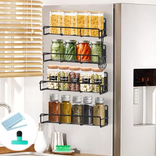 KIMIGO Magnetisches Gewürzregal,4pcs Gewürzregal magnetisch kühlschrank,Kühlschrank Magnet Organizer mit Beweglichen 8 Haken,für Küchenorganisation und Mikrowelle,mit Sechs Snacksschließungsclips