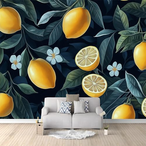 Generico Fotomurale 3D Carta Da Parati Disegnati A Mano Limone Fiori Di Limone Blu Scuro 300 x 210 cm Carta Da Parati Camera Letto Moderna Fotomurali Murales Poster Gigante Moda Decorazione Da Muro