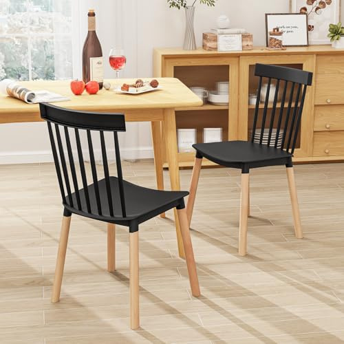RELAX4LIFE Chaise Salle a Manger Lot de 4, Chaise Windsor Bois avec Dossier à Barreaux en PP, Pieds en Hêtre, Chaise de Cuisine, Style Scandinave, pour Salle à Manger, Salon, Charge 150 KG (Noir)