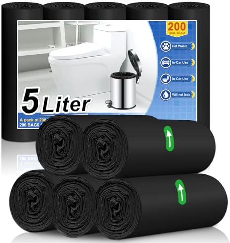 XUXRUS Sac Poubelle 5L Noir Pour Salle De Bain, 200 Pièces | format 40×45cm, Film Résistant Aux Déchirures Pour Petits Déchets Quotidiens