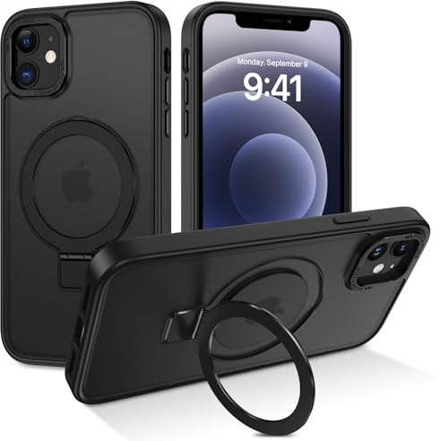 DUEDUE Magnetische Hülle für iPhone 12 Mini [Kompatibel mit MagSafe] Matt Handyhülle mit Ring Haltung Ständer TPU Bumper Magnetic Case für iPhone 12 Mini Hülle 5,4 Zoll, Schwarz