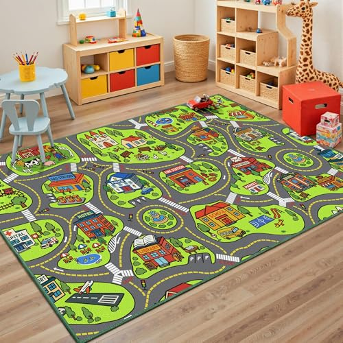 Upgrade Ultra Non Slip Kids Car Rug, Kids Road Playmat Rug for Toy Cars, Educational Town City Map Washable Carpet for Boys Playroom Bedroom, Safer Car Track Play Mat for Children Toddler, 100x60