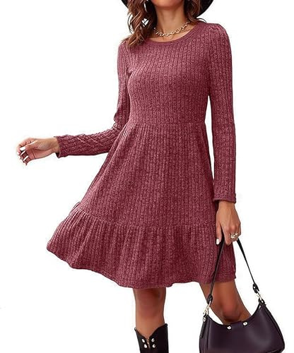 Neteson Vestidos Mujer Casual Elegante Vestido de Punto Suéter Manga Larga Cuello Redondo A-Line Túnica Vestidos Jersey Otoño Invierno