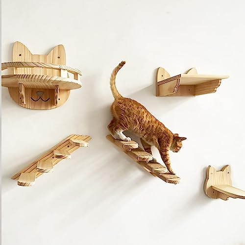 Kattklätterställning， Väggmonterade kattmöbler, kattvägghyllor, hängmatta, trappor, hoppplattformskombination for katter att sova och leka(Set4)