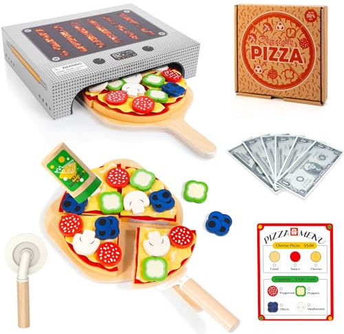 Wooden Pizza Toy, 50 PCS Play Food Pretend Play Set with Oven, Montessori Toy for 3+ Year Old, Educational Birthday Gift for Boys and Girls