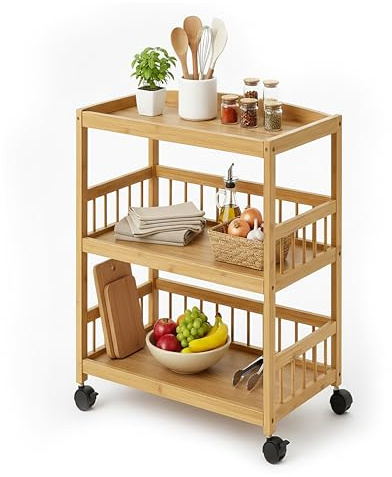 Relaxdays Küchenwagen, Bambus, 3 Ablagen, für Gewürze & Vorräte, HxBxT: 80 x 53 x 30 cm cm, schmaler Rollwagen, Natur