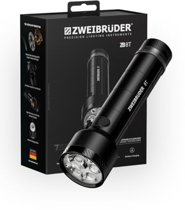 Zweibrüder ZB8T Taschenlampe mit 4000 Lumen – LED Taschenlampe mit Digital Focus. USB-C aufladbar inkl. Ladestation, Multiple Optic Technology. Ideal für Camping, Wandern, Outdoor und Freizeit.