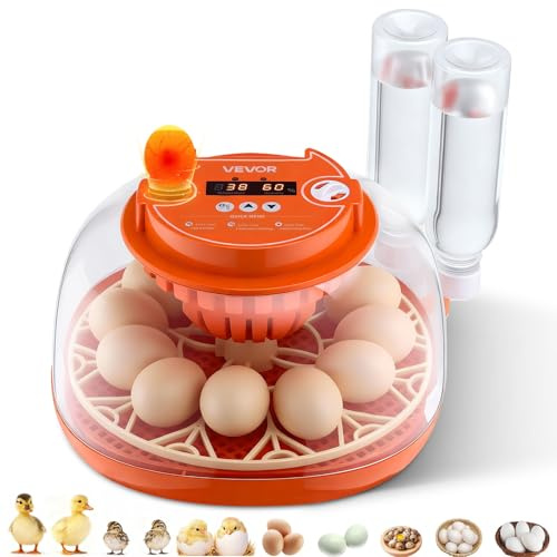VEVOR Incubadora de 12 Huevos, Volteadora Automática con Luz LED, Control de Temperatura y Humedad, Ventana Transparente con Vista de 360°, para Granjas Domésticas, Pollitos, Patos, y Codornices