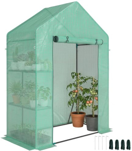 Outsunny Serre de Jardin avec Porte Enroulable et étagère à 2 Niveaux, Serre pour Potager avec Structure en Acier et Couverture en PE, pour Plantes, Potager, légumes, Fleurs, Fruits, Anti-UV, 143 x