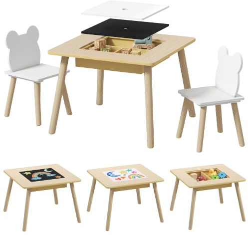 AIYAPLAY Kindertisch mit 2 Stühlen Kindersitzgruppe 3-6 Jahre Naturholz | Mit Stauraum, Doppelseitiger Tischplatte, Zeichentisch, Basteltisch, Aktivität für Kinderzimmer