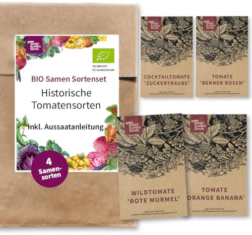 Magic Garden Seeds - Historische Tomatensorten (Bio) - Samenset mit 4 robusten Tomatensamen - Alte Sorten - Tomaten Samen - Hochwertige Pflanzensamen für den Gemüsegarten